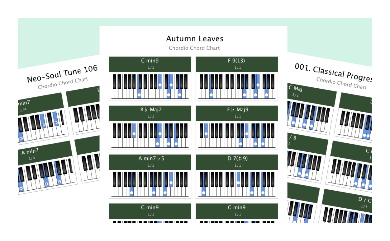 Piano Chord Charts feature showing high-quality printable chord charts for offline practice