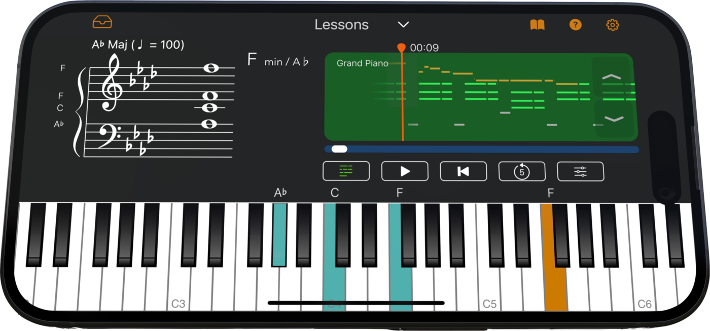 Chordio's Lessons workspace on iPhone with a MIDI piano roll, a moving playhead and highlighted keys