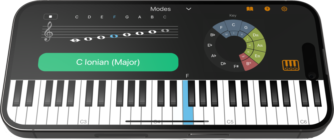 Chordio's Modes workspace on iPhone showing C Ionian and an interactive circle of fifths