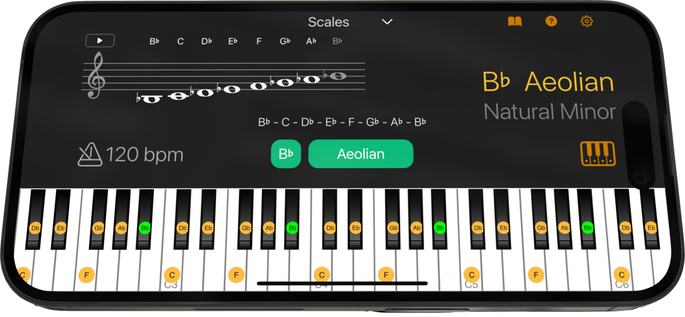 Chordio's Scales workspace on iPhone showing B♭ Aeolian with the scale notes marked on the keyboard